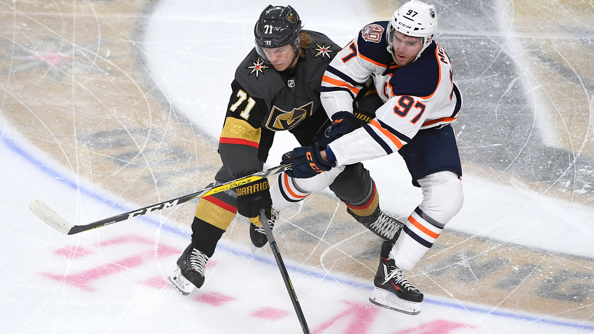 Vegas Golden Knights forward William Karlsson, Edmonton Oilers center Connor McDavid