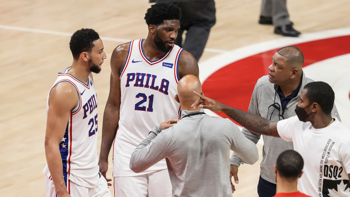 Philadelphia 76ers center Joel Embiid, forward Ben Simmons and head coach Doc Rivers