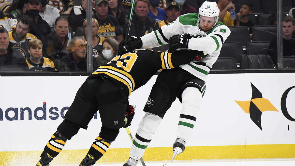 Boston Bruins defenseman Charlie McAvoy, Dallas Stars center Radek Faksa