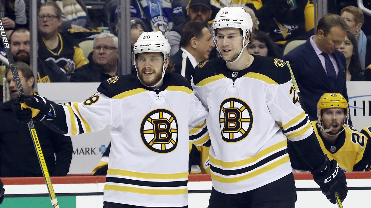 Boston Bruins forward David Pastrnak and defenseman Brandon Carlo