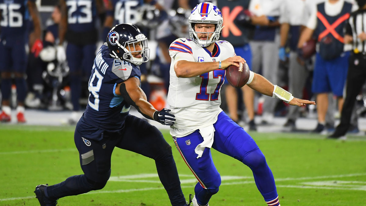 Tennessee Titans linebacker Harold Landry and Buffalo Bills quarterback Josh Allen