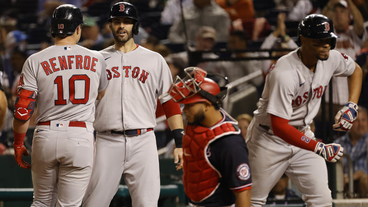Boston Red Sox outfielders Hunter Renfroe and J.D. Martinez, shortstop Xander Bogaerts