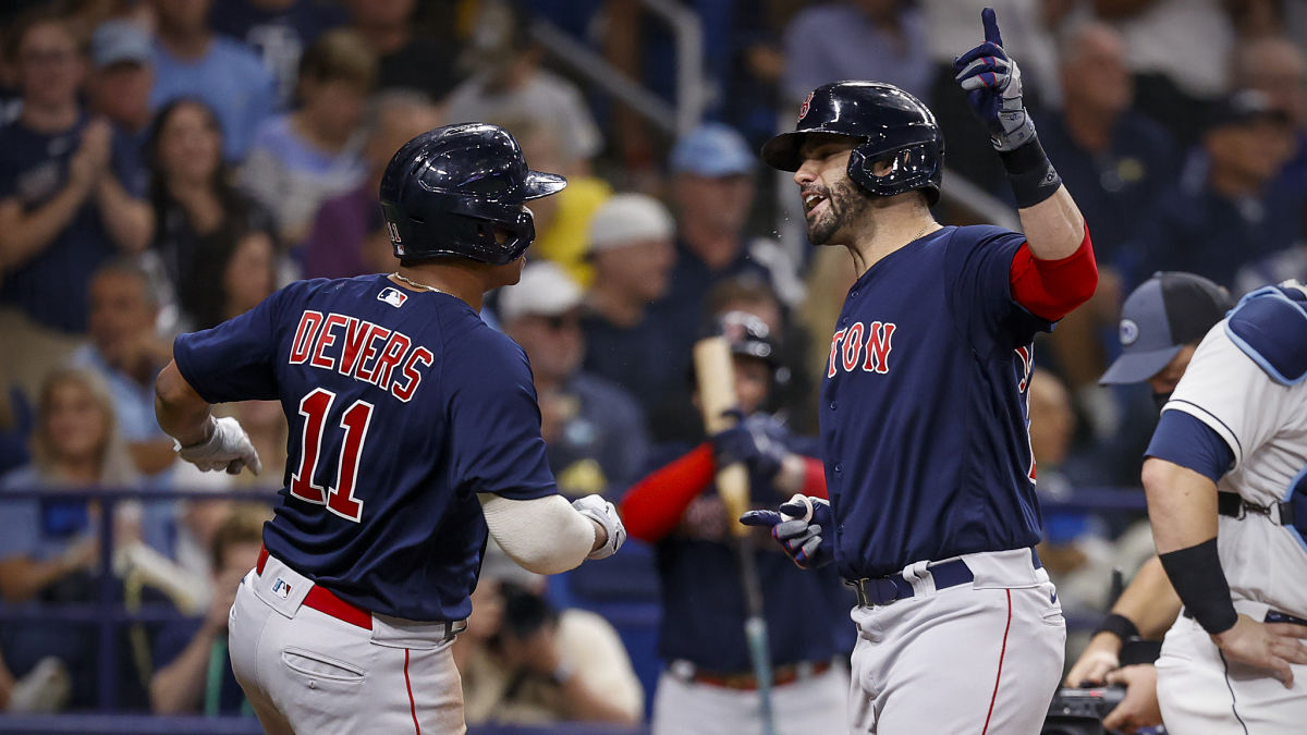 Boston Red Sox designated hitter J.D. Martinez, Rafael Devers