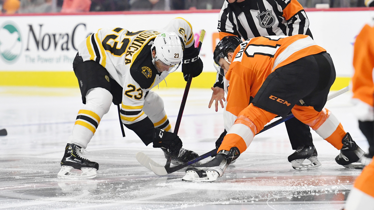 Boston Bruins center Jack Studnicka, Philadelphia Flyers' Sean Couturier