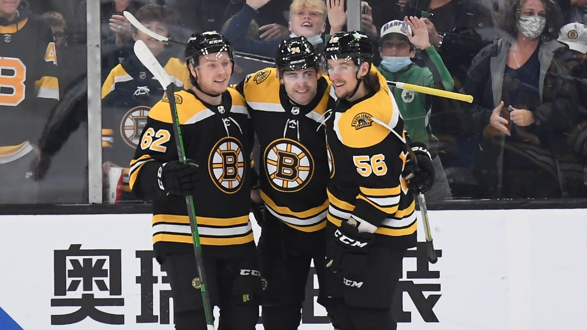 Boston Bruins forward Jake DeBrusk, Center Oskar Steen, forward Erik Haula