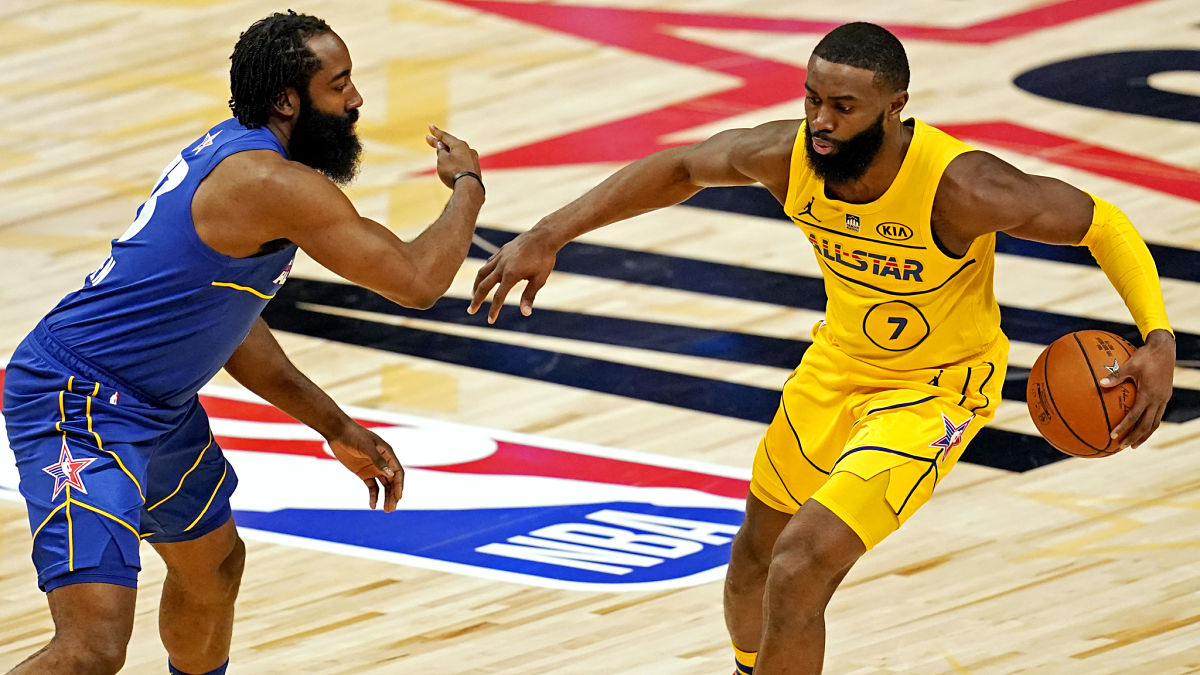 Brooklyn Nets guard James Harden and Boston Celtics guard Jaylen Brown