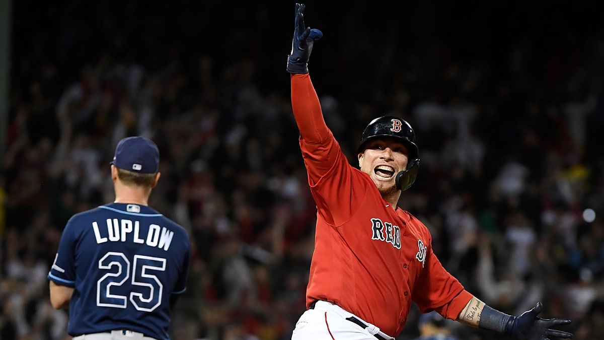 Tampa Bay Rays first baseman Jordan Luplow and Boston Red Sox catcher Christian Vázquez