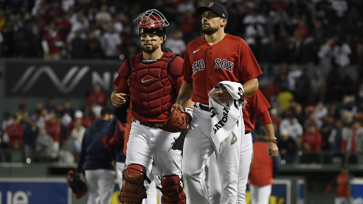 Boston Red Sox catcher Kevin Plawecki and pitcher Nathan Eovaldi