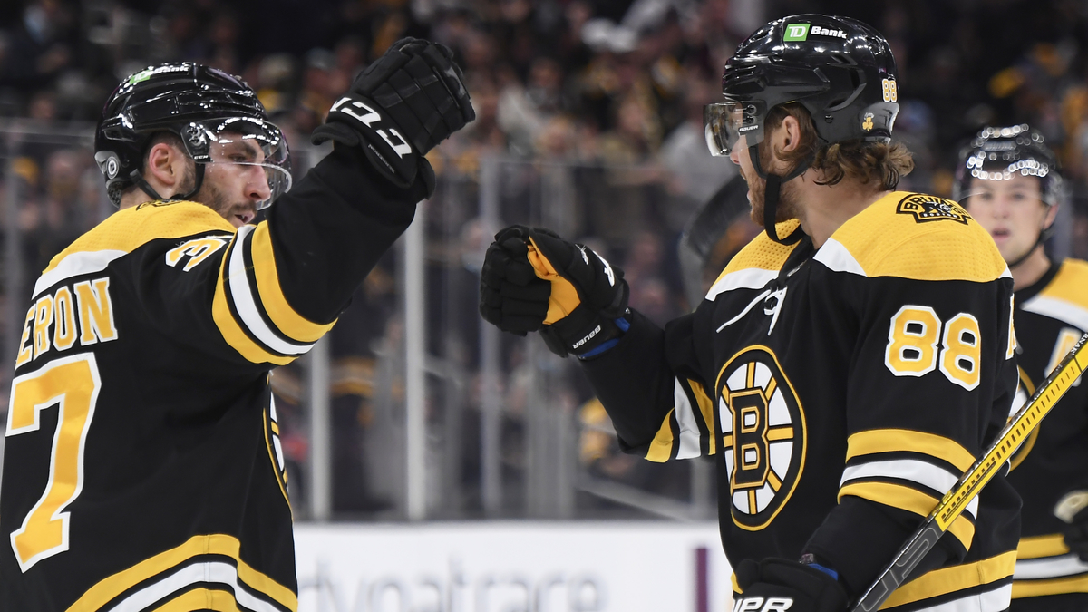 Boston Bruins center Patrice Bergeron and forward David Pastrnak