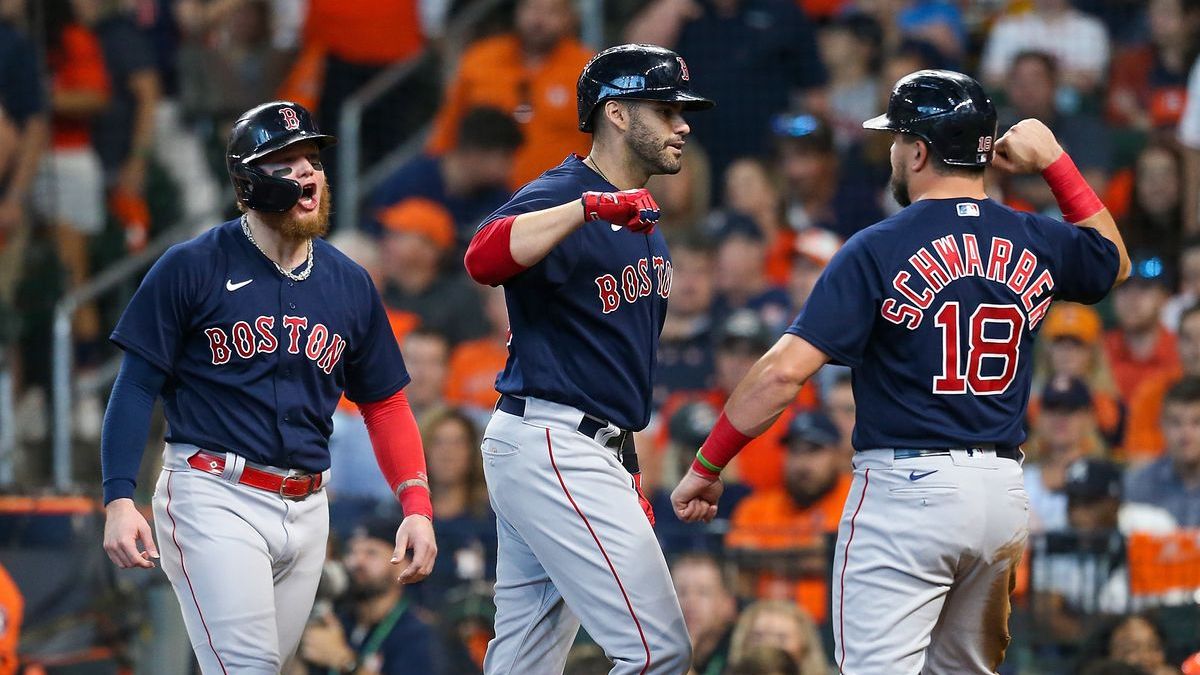 Boston Red Sox oufielders Alex Verdugo, J.D. Martinez, Alex Schwarber