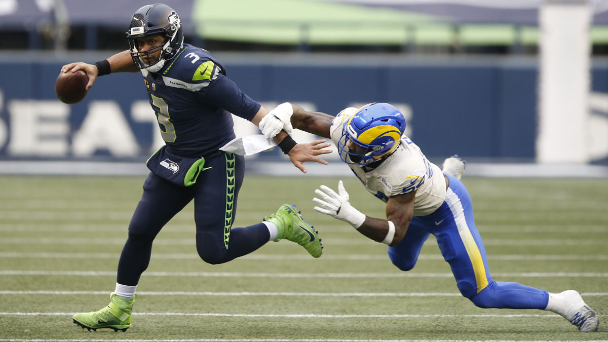 Seattle Seahawks quarterback Russell Wilson and Los Angeles Rams linebacker Leonard Floyd