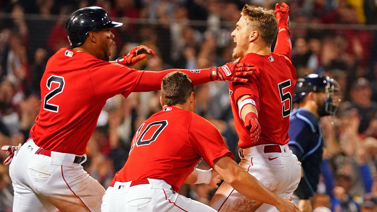 Boston Red sox shortstop Xander Bogaerts and outfielders Hunter Renfroe and Kike Hernandez