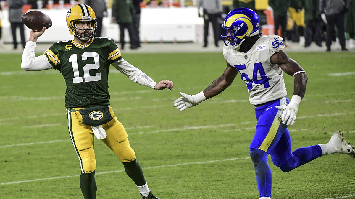 Green Bay Packers quarterback Aaron Rodgers and Los Angeles Rams linebacker Leonard Floyd