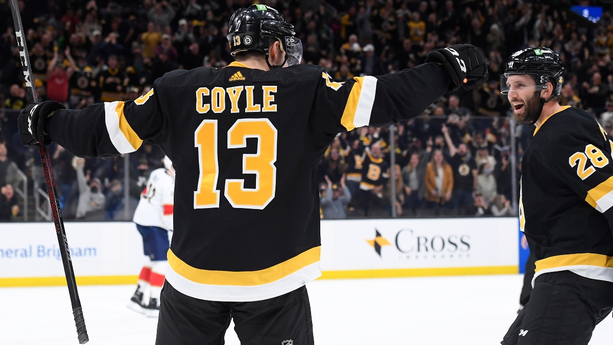 Boston Bruins center Charlie Coyle (13) and defenseman Derek Forbort (28)