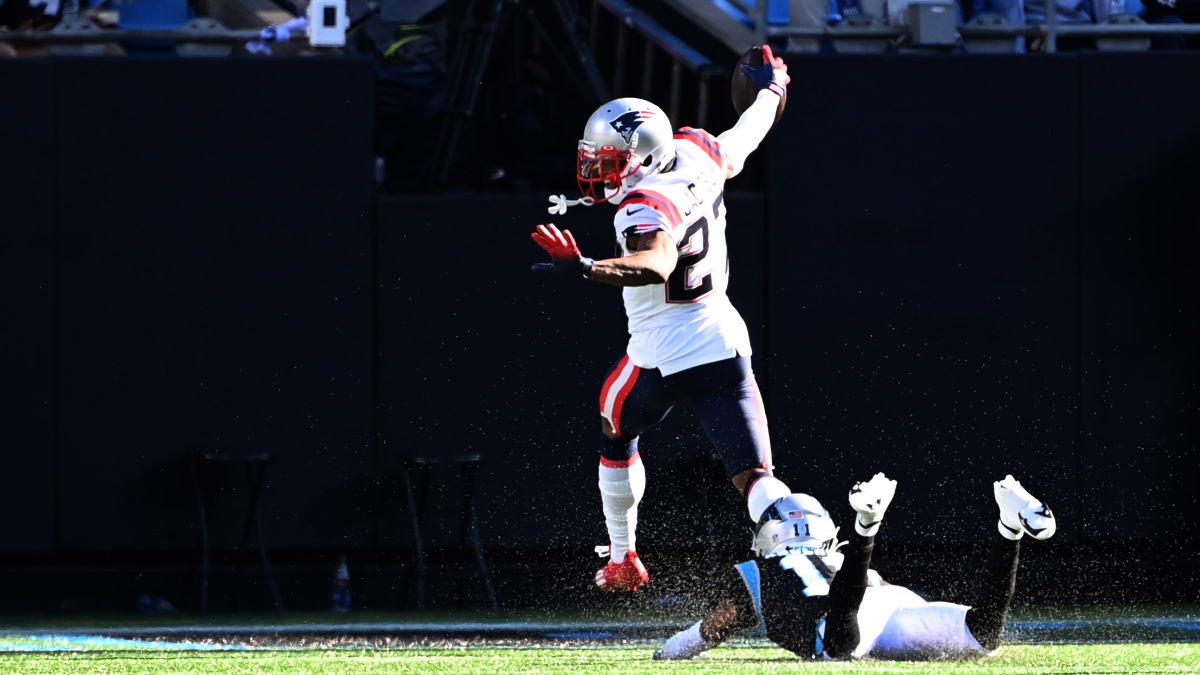 New England Patriots cornerback J.C. Jackson (27) and Carolina Panthers wide receiver Robby Anderson (11)