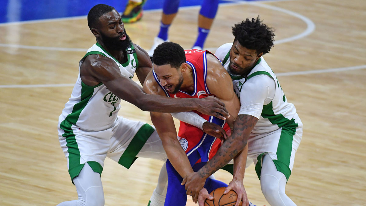 Jaylen Brown and Marcus Smart of the Boston Celtics; Ben Simmons of the Philadelphia 76ers