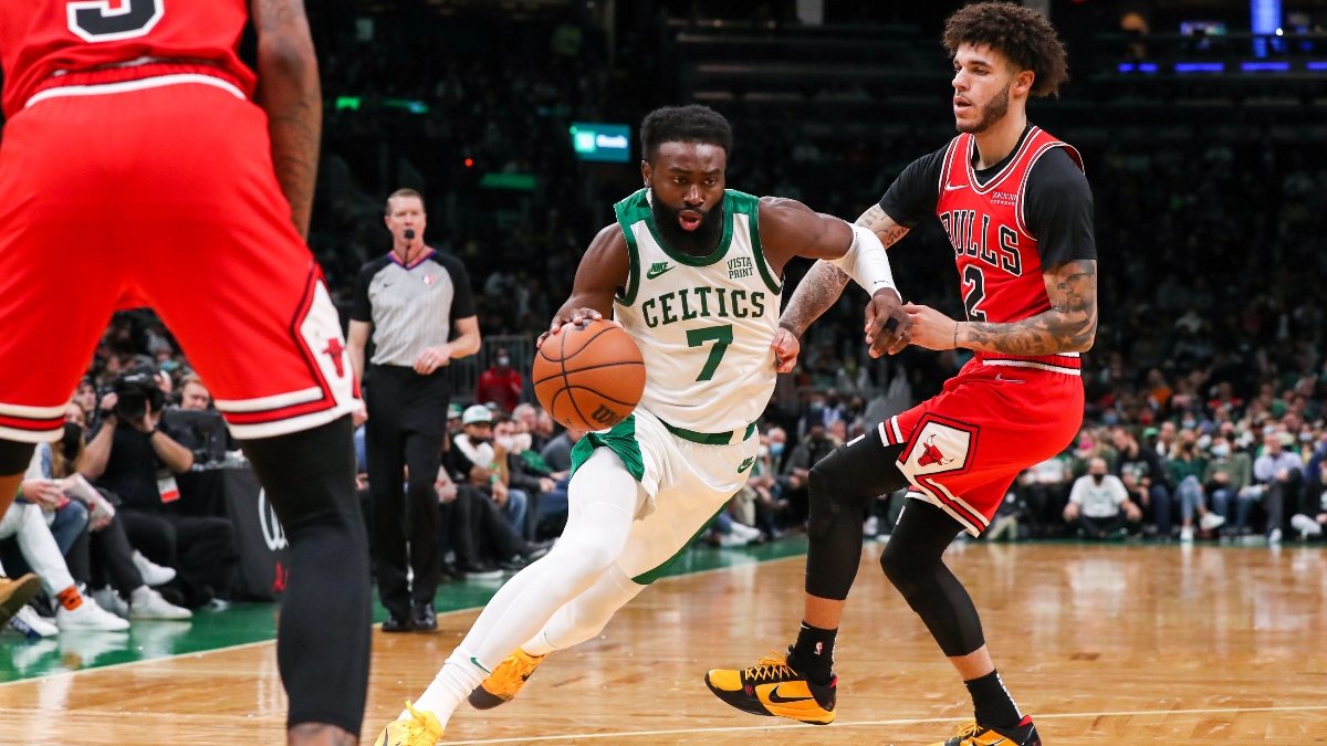 Boston Celtics guard Jaylen Brown (7) and Chicago Bulls guard Lonzo Ball (2)