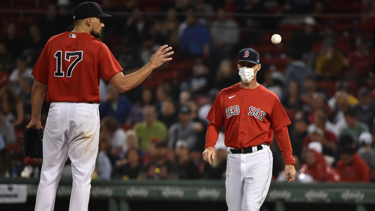 Boston Red Sox pitcher Nate Eovaldi and pitching coach Dave Bush