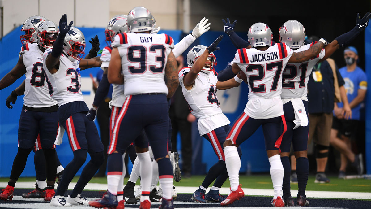 New England Patriots players celebrating