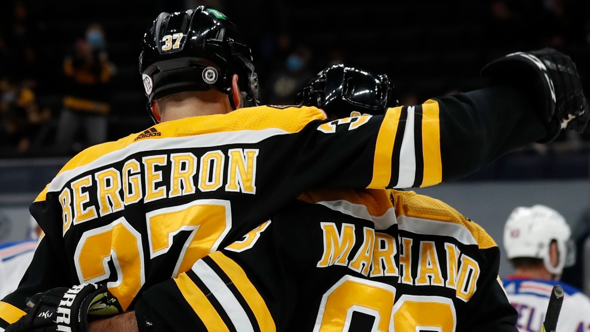 Boston Bruins center Patrice Bergeron, left winger Brad Marchand