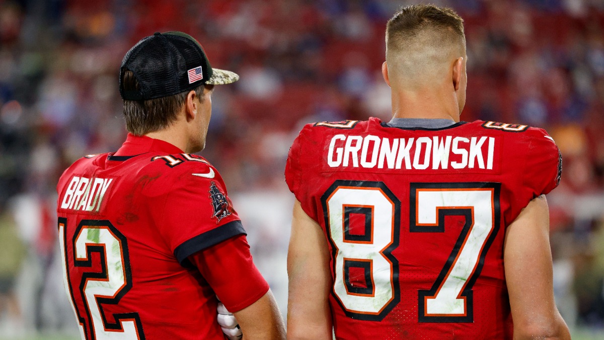 Tampa Bay Buccaneers tight end Rob Gronkowski, quarterback Tom Brady