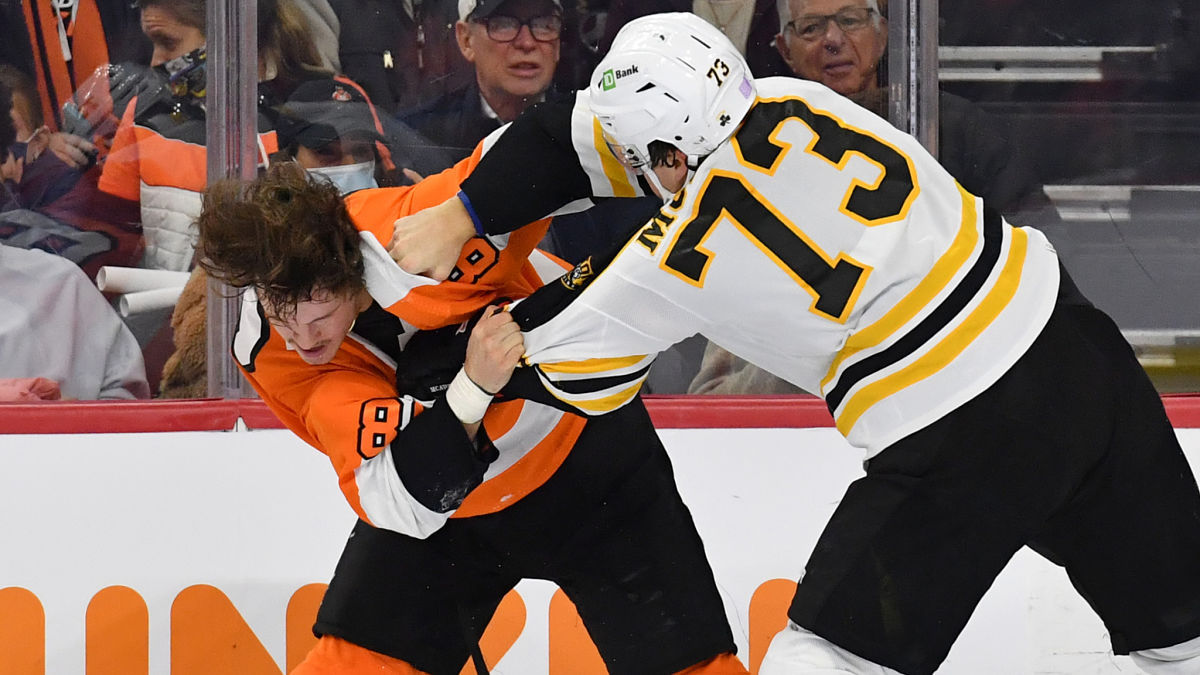 Boston Bruins defenseman Charlie McAvoy, Philadelphia Flyers left wing Joel Farabee