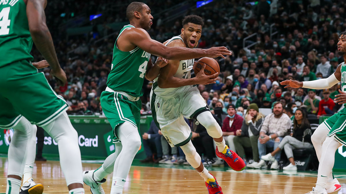 Boston Celtics forward Al Horford and Milwaukee Brewers forward Giannis Antetokounmpo