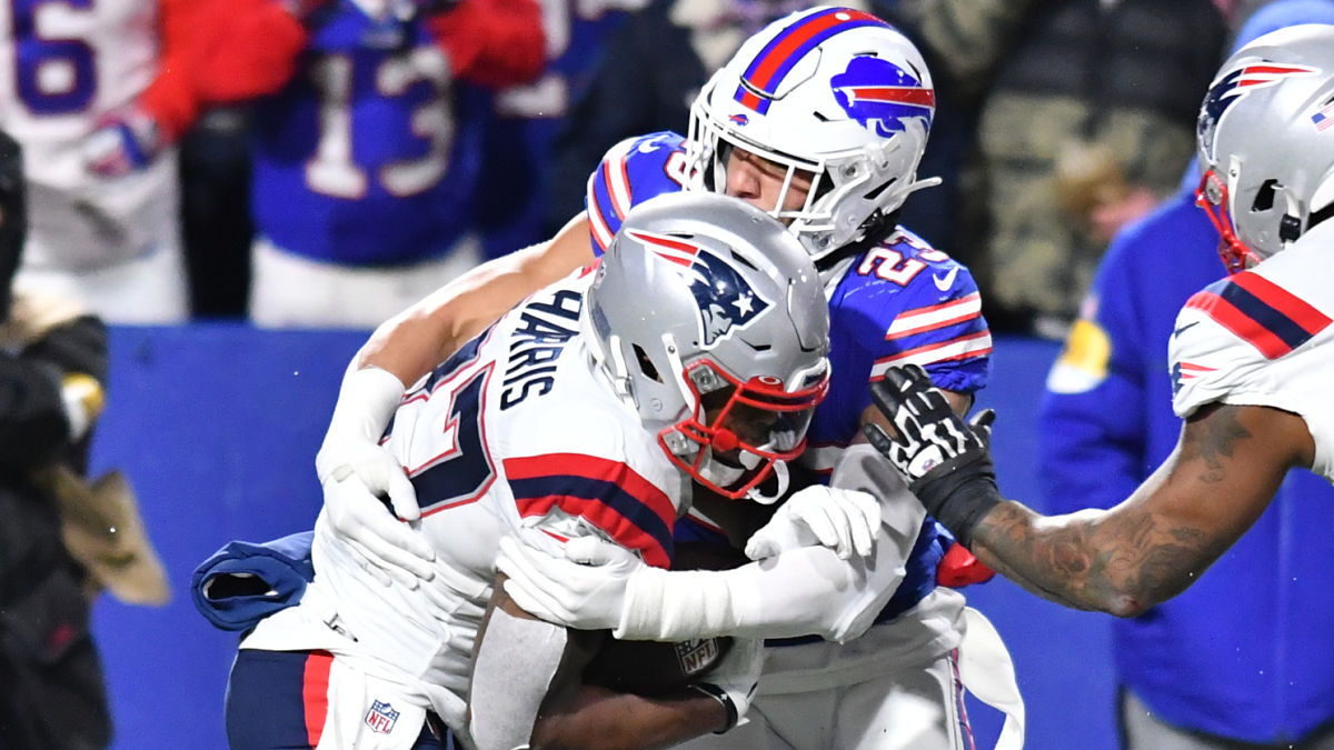 New England Patriots running back Damien Harris and Buffalo Bills safety Micah Hyde