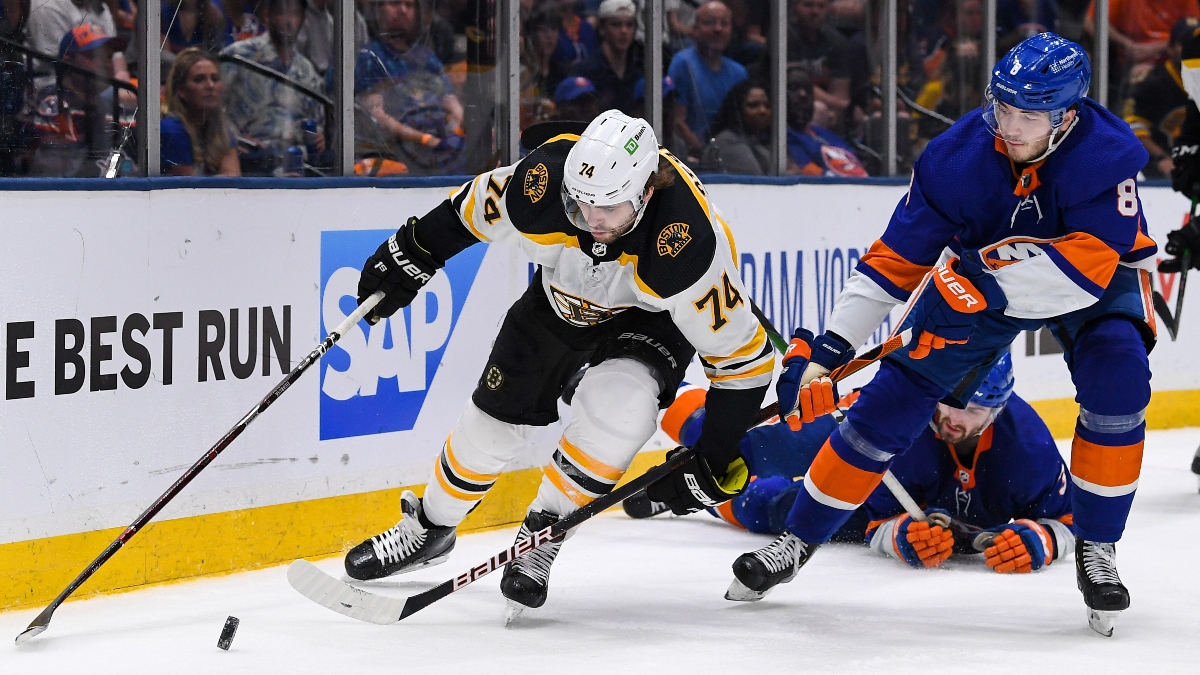 Boston Bruins left wing Jake DeBrusk (74) and New York Islanders defenseman Noah Dobson (8)