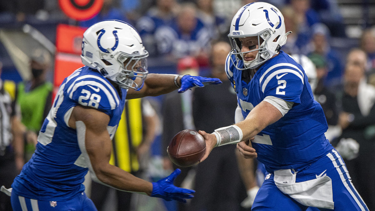 Indianapolis Colts running back Jonathan Taylor and quarterback Carson Wentz