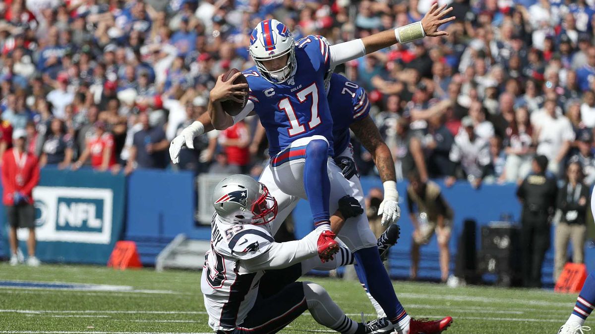 New England Patriots linebacker Kyle Van Noy and Buffalo Bills quarterback Josh Allen