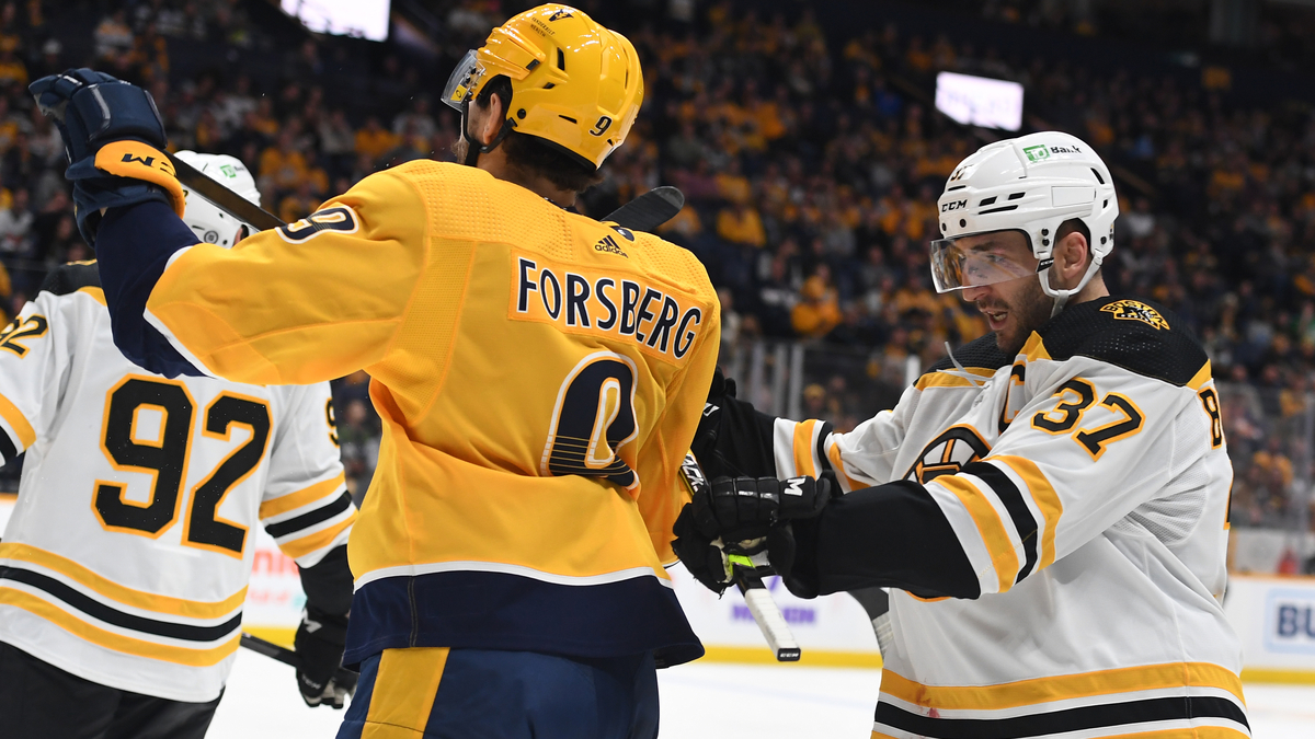 Boston Bruins center Patrice Bergeron, Nashville Predators winger Filip Forsberg