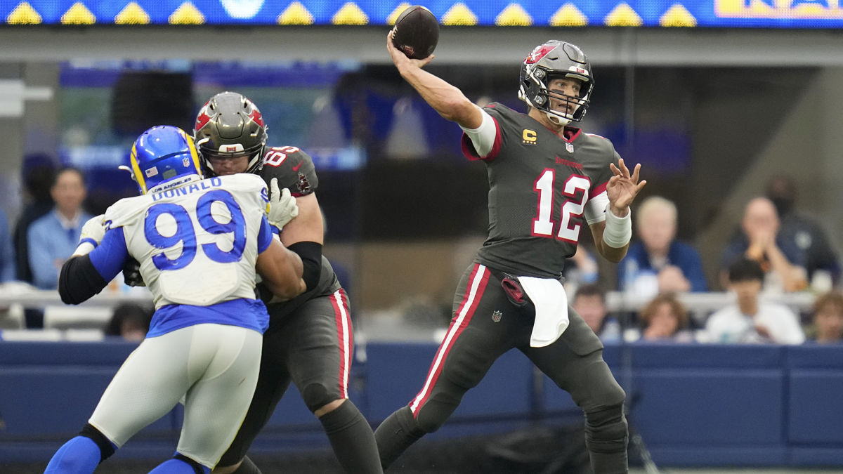 Los Angeles Rams defensive lineman Aaron Donald and Tampa Bay Buccaneers quarterback Tom Brady