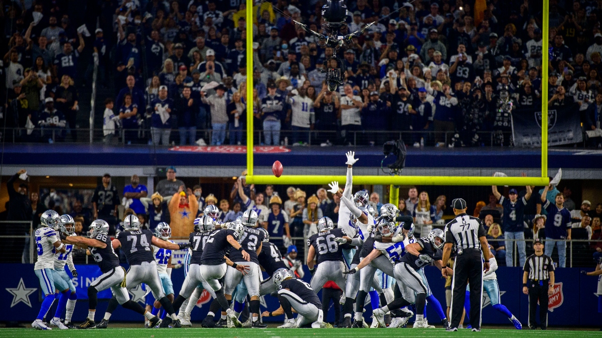 Las Vegas Raiders kicker Daniel Carlson (2) and the Dallas Cowboys