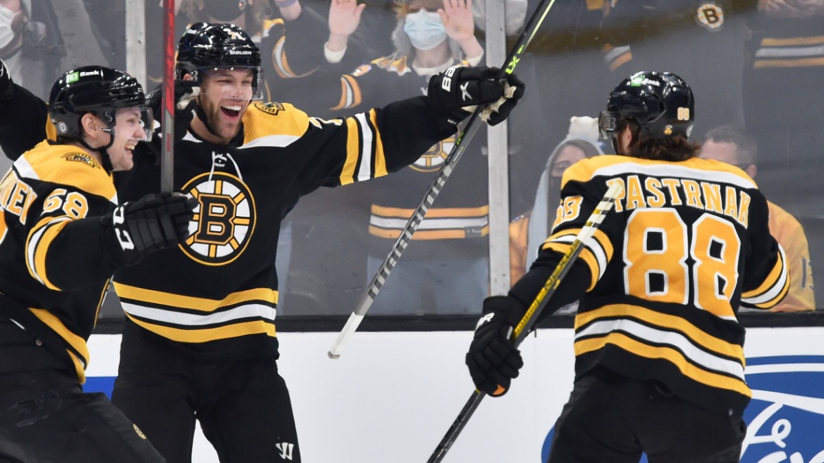 Boston Bruins forward David Pastrnak, Taylor Hall and Erik Haula