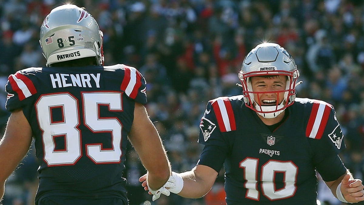 New England Patriots quarterback Mac Jones, tight end Hunter Henry