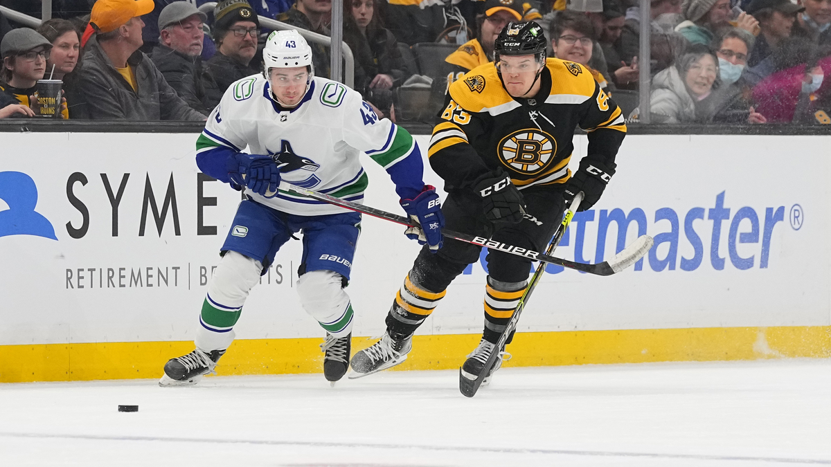 Boston Bruins winger Karson Kuhlman, Vancouver Canucks defenseman Quinn Hughes
