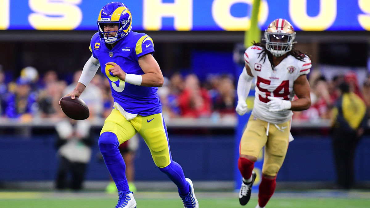 Los Angeles Rams quarterback Matthew Stafford and San Francisco 49ers linebacker Fred Warner