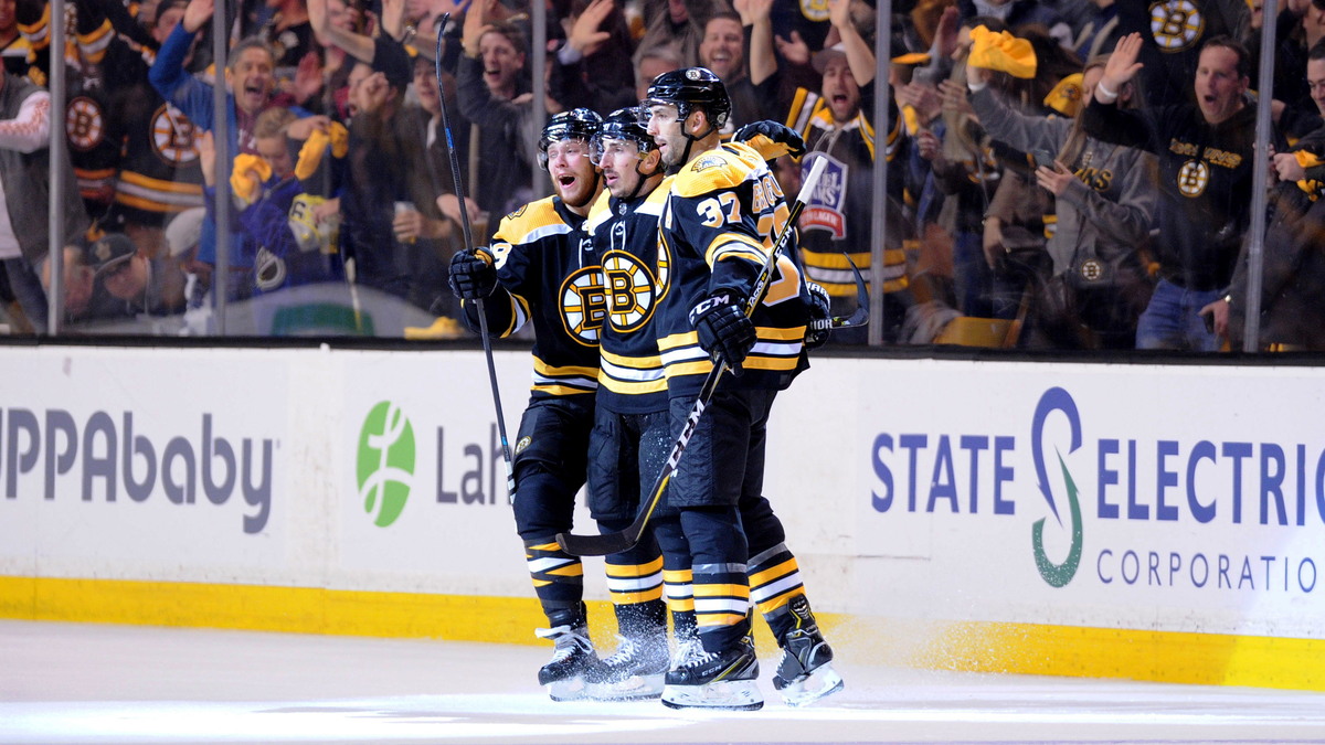 Boston Bruins forwards David Pastrnak, Brad Marchand, Patrice Bergeron