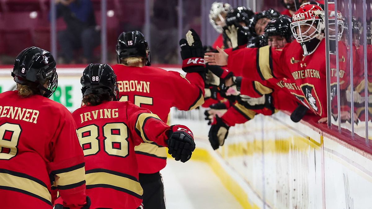 Northeastern women's hockey forwards Mia Brown, Skylar Irving, Andrea Renner