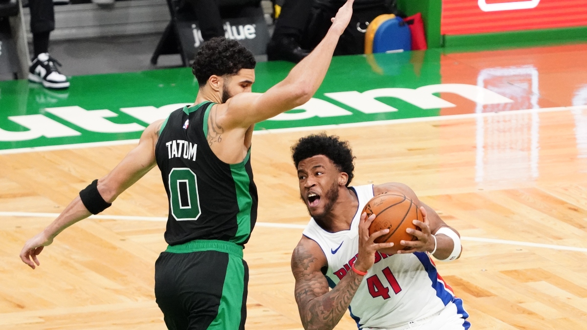 Detroit Pistons forward Saddiq Bey (41) and Boston Celtics forward Jayson Tatum (0)