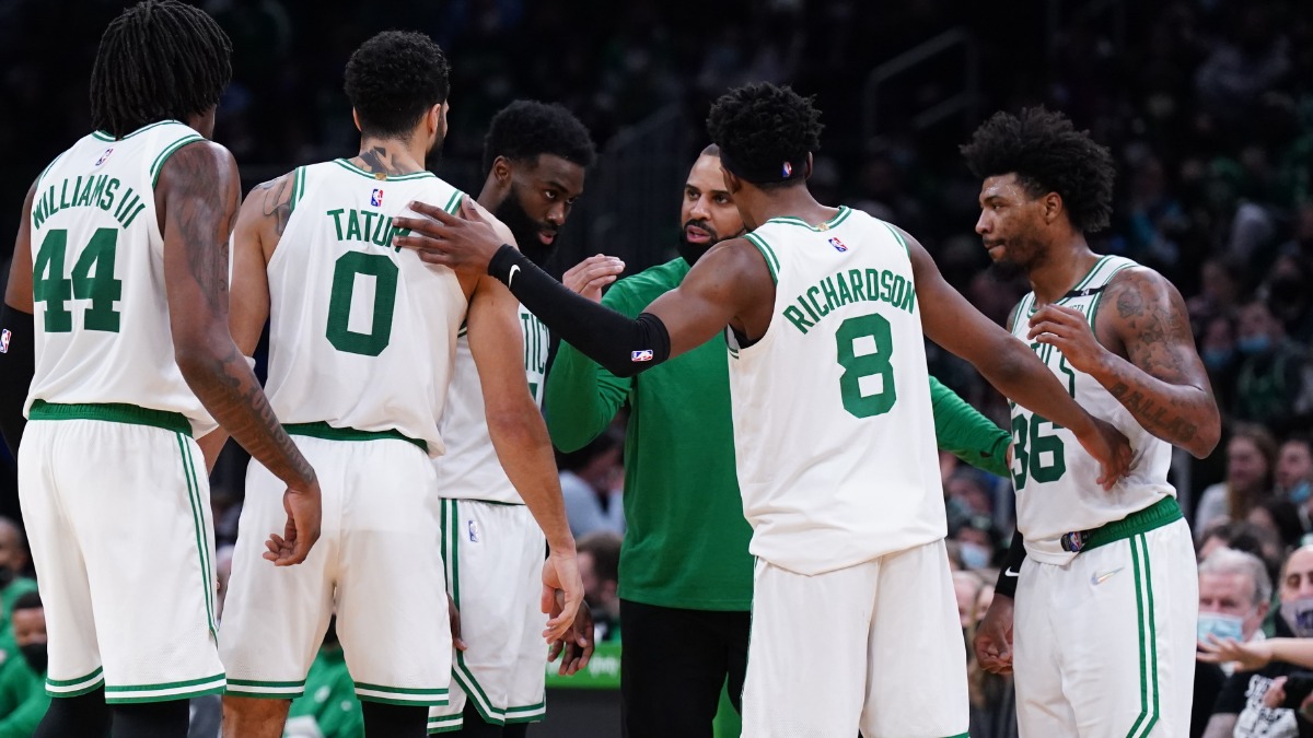 Boston Celtics center Robert Williams, winger Josh Richardson, Jayson Tatum and Marcus Smart