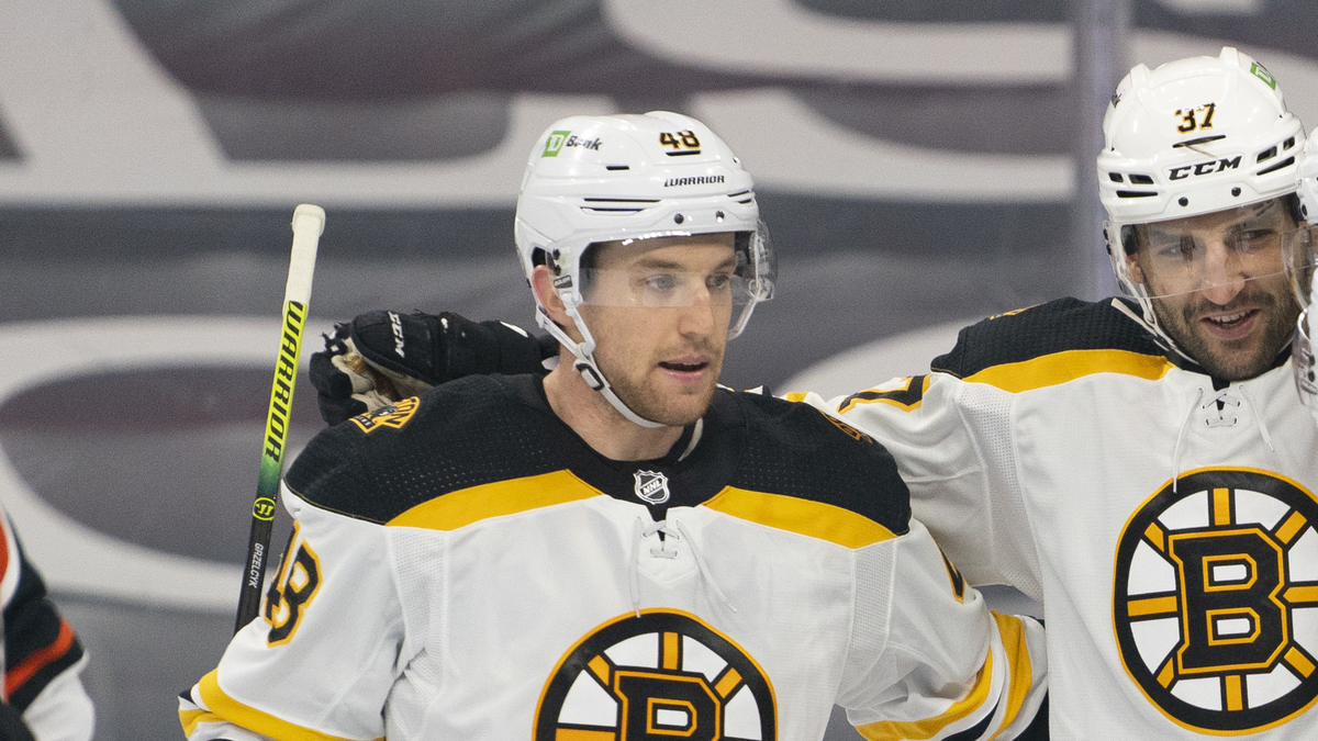 Boston Bruins defenseman Matt Grzelcyk, center Patrice Bergeron