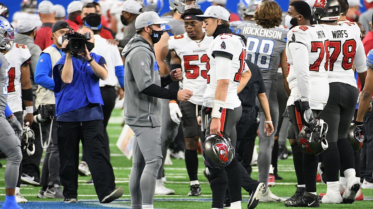 Los Angeles Rams quarterback Matthew Stafford, Tampa Bay Buccaneers quarterback Tom Brady