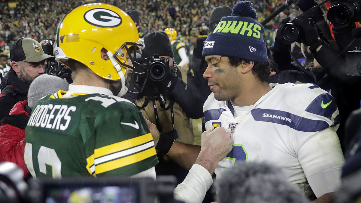 Green Bay Packers quarterback Aaron Rodgers, Denver Broncos quarterback Russell Wilson