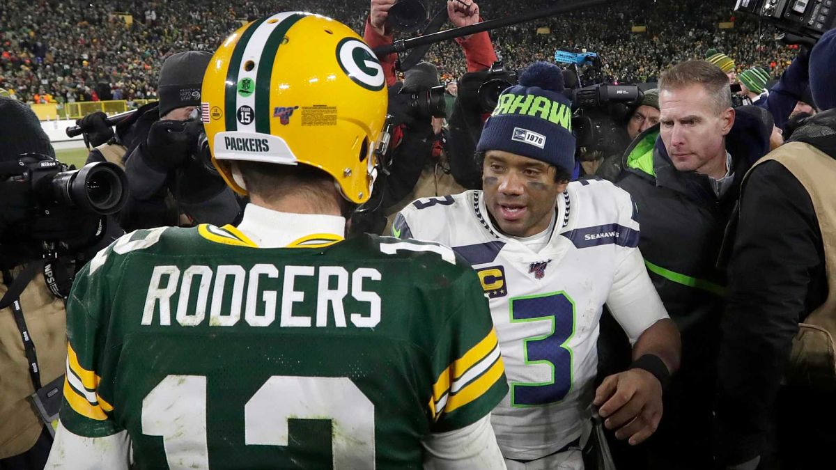 Green Bay Packers quarterback Aaron Rodgers, Seattle Seahawks quarterback Russell Wilson