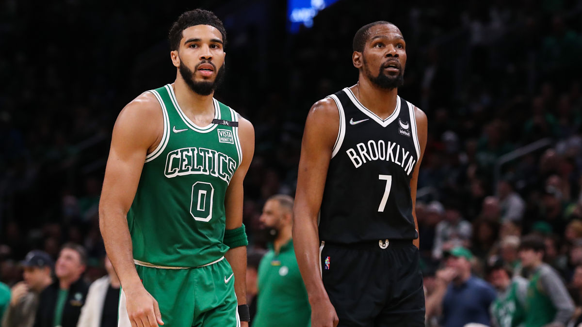 Boston Celtics forward Jayson Tatum (0) and Brooklyn Nets forward Kevin Durant