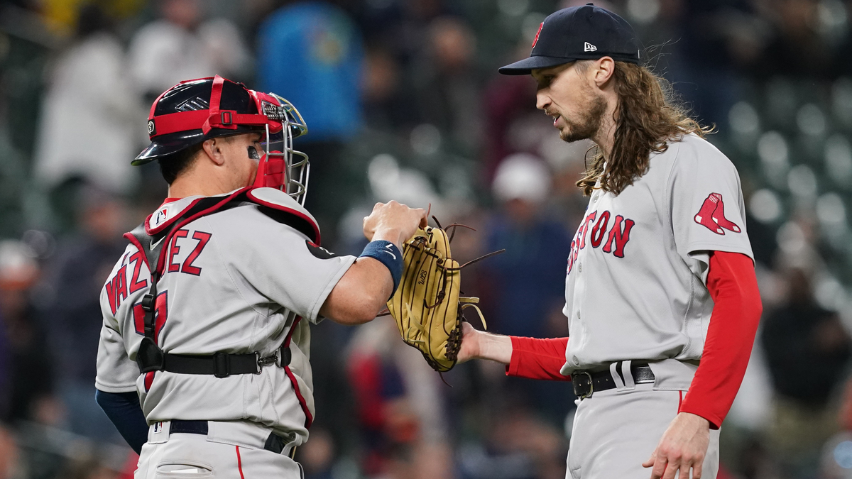 Boston Red Sox catcher Christian Vasquez and pitcher Matt Strahm