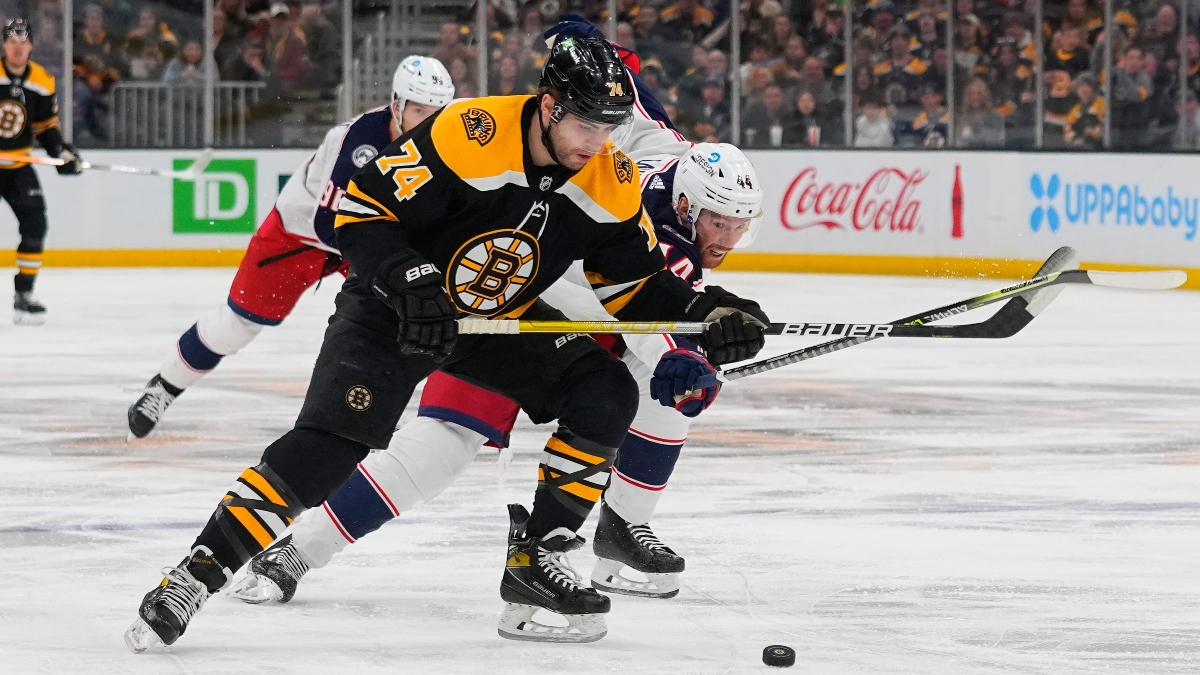 Boston Bruins right wing Jake DeBrusk (74) and Columbus Blue Jackets defenseman Vladislav Gavrikov (44)