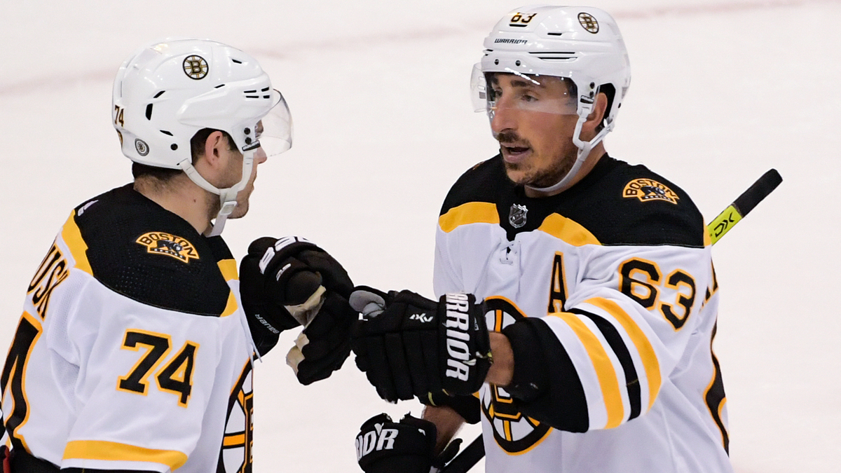Boston Bruins forwards Jake DeBrusk, Brad Marchand